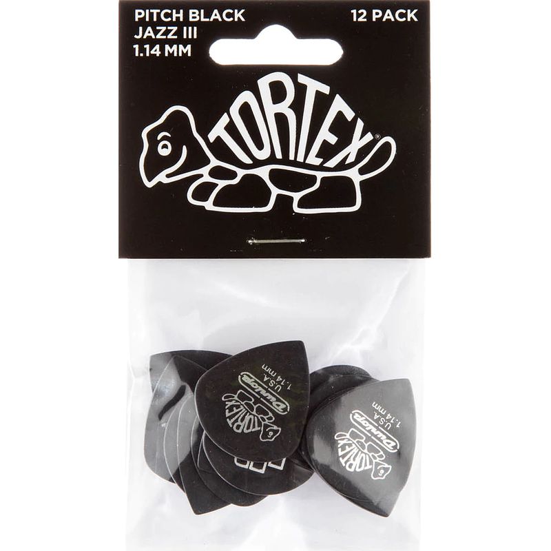 Foto van Dunlop tortex pitch black jazz iii 1.14mm 12-pack plectrumset zwart