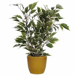 Foto van Groen/witte ficus kunstplant 40 cm met plantenpot okergeel d13.5 en h12.5 cm - kunstplanten