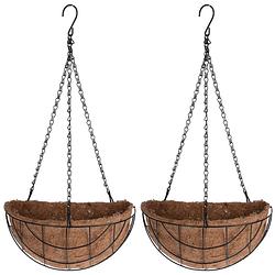 Foto van 2x stuks metalen hanging baskets / plantenbakken halfrond zwart met ketting 26 cm - hangende bloemen - plantenbakken