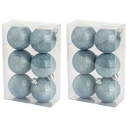 Foto van 12x stuks kunststof glitter kerstballen ijsblauw 6 cm - kerstbal