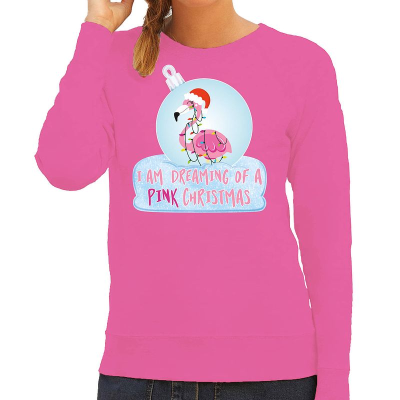 Foto van Bellatio decorations foute kersttrui/sweater dames - flamingo in kerstbal - roze - pink christmas xl - kerst truien