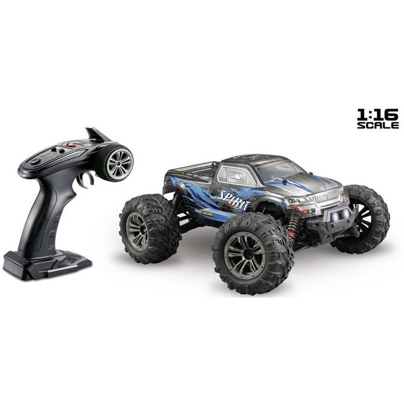 Foto van Absima spirit zwart, blauw brushed 1:16 rc auto elektro monstertruck 4wd rtr 2,4 ghz incl. accu en laadkabel