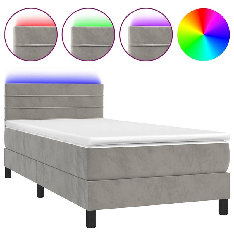 Foto van The living store boxspring - fluweel - led - pocketvering - huidvriendelijk - lichtgrijs - 203x90x78/88 cm