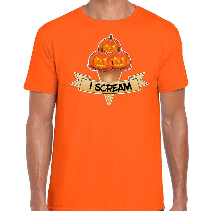 Foto van Bellatio decorations halloween verkleed t-shirt heren - pompoen - oranje - themafeest outfit -i scream l - feestshirts