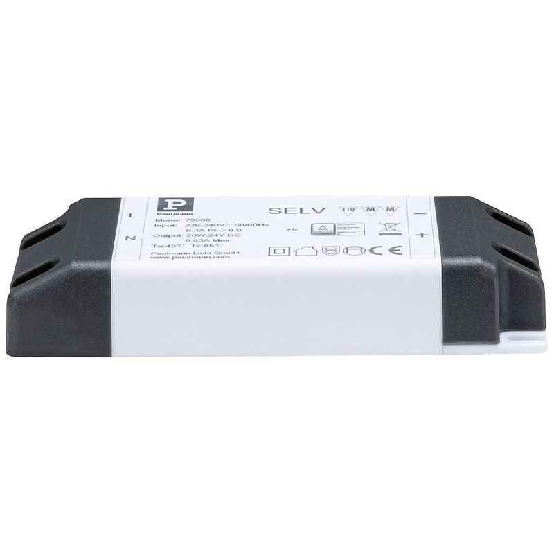 Foto van Paulmann 79968 power supply 24v dc 20va ip20 led-constante-spanningsbron 20 w (max) 830 ma 24 v 230 v (b x h x d) 42 x 20 x 120 mm 1 stuk(s)