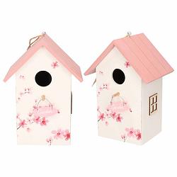 Foto van 2x nestkast/vogelhuisje hout wit met roze dak 15 x 12 x 22 cm - vogelhuisjes