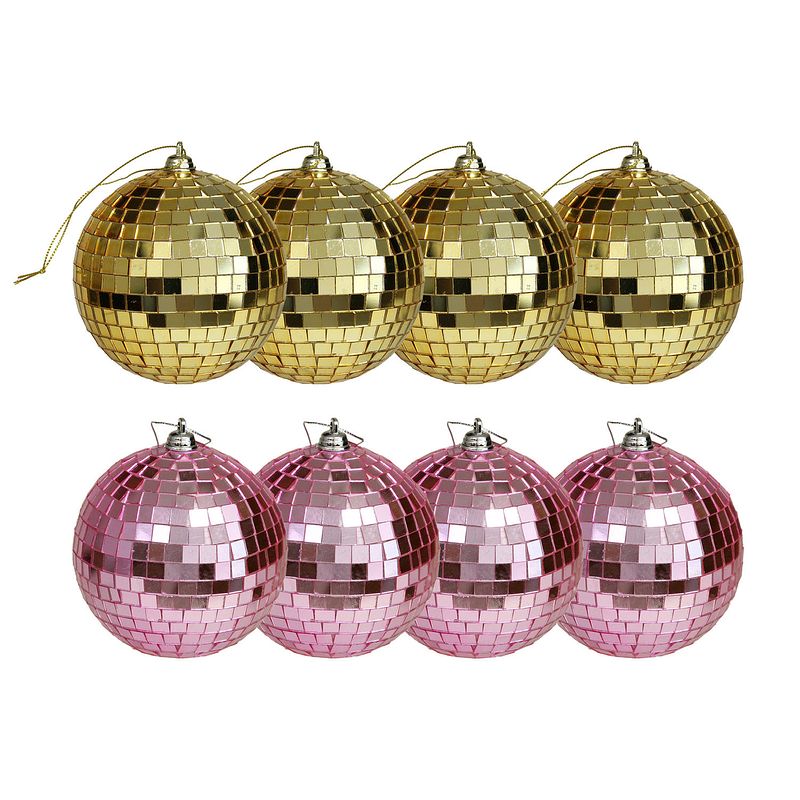 Foto van Kerstballen disco - 8x st - goud en roze - 8 cm - kunststof - kerstbal