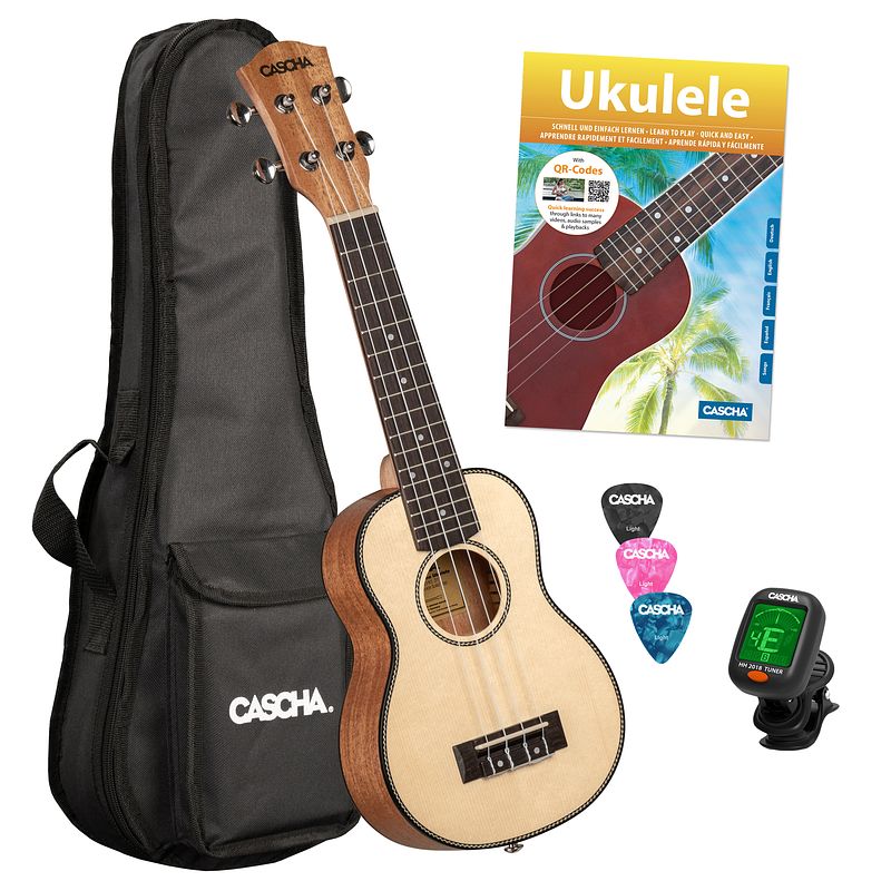 Foto van Cascha hh 2149 nl sopraan ukelele massief spar bovenblad + gigbag, tuner, boek