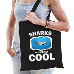 Foto van Katoenen tasje sharks are serious cool zwart - haaien/ walvishaai cadeau tas - feest boodschappentassen