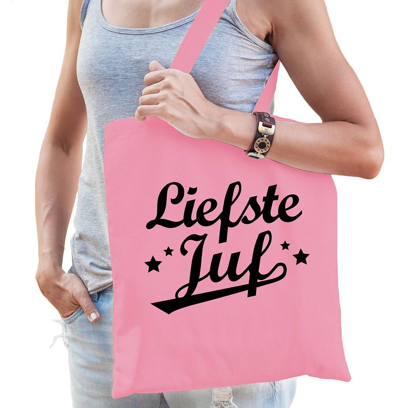 Foto van Bellatio decorations cadeau tas voor juf - liefste juf - roze - katoen - 42 x 38 cm - juffendag - feest boodschappentass