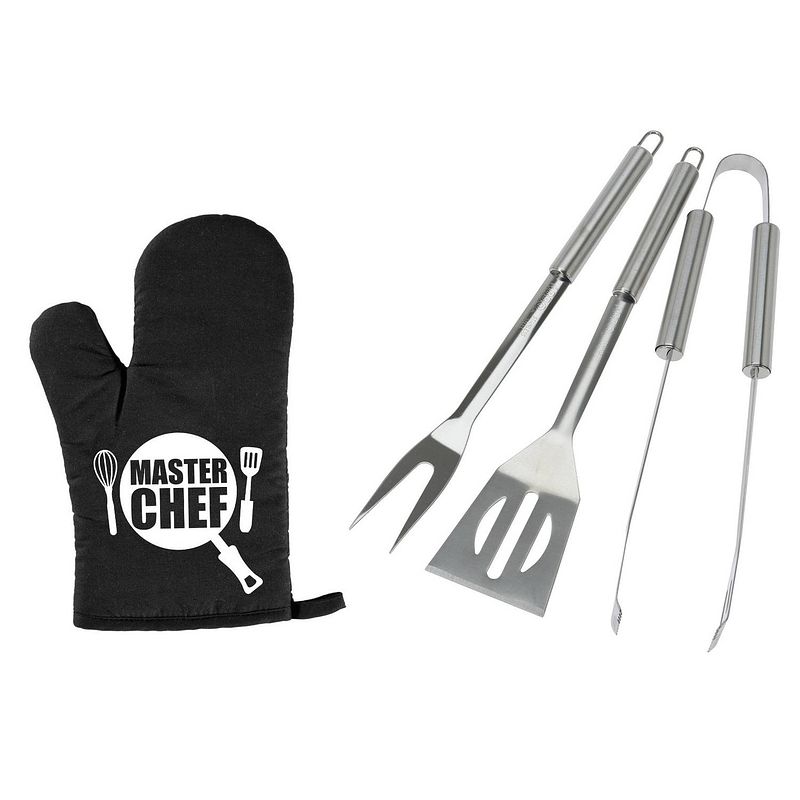 Foto van Bbq/barbecue gereedschap set 3-delig rvs met bbq handschoen masterchef - barbecuegereedschapset