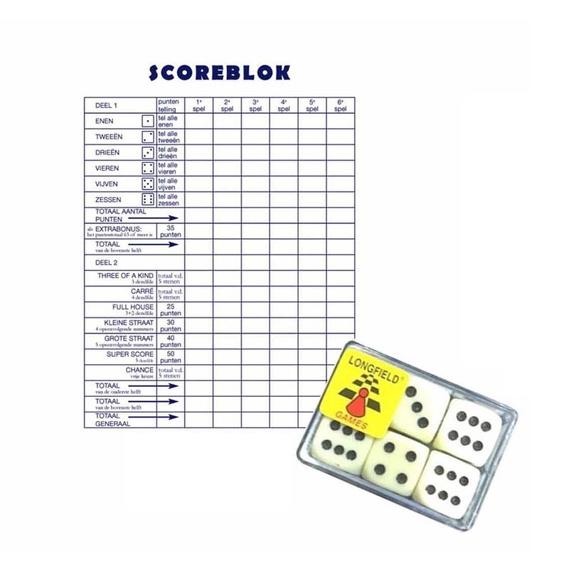 Foto van 1x scoreblok yahtzee 250 vellen met 6 dobbelstenen - dobbelspellen