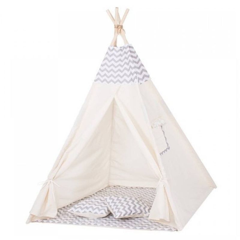 Foto van Springos tipi tent wigwam speeltent 120x100x180 cm met mat en kussens naturel grijs golven