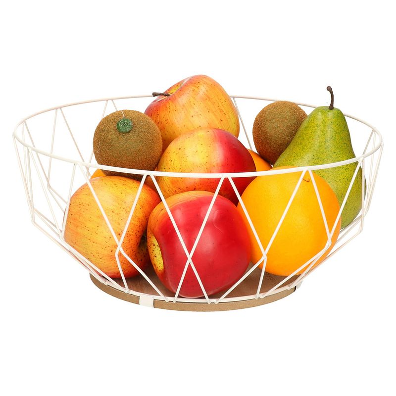 Foto van Fruitschaal/fruitmand rond wit metaal/hout 28 cm - fruitschalen