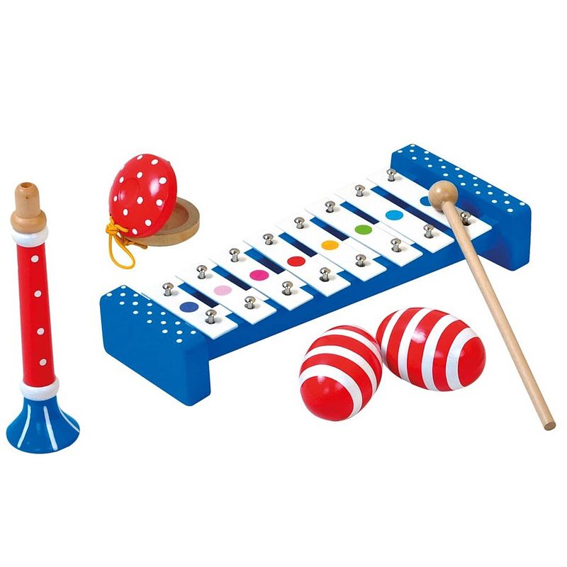 Foto van Bino muziekset junior hout blauw/rood/wit 6-delig