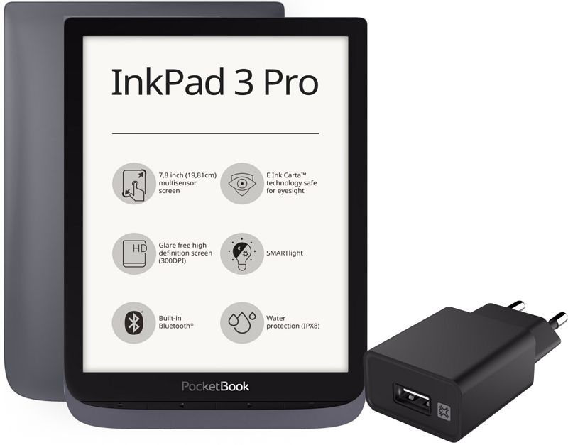 Foto van Pocketbook inkpad 3 pro + xtrememac oplader met usb a poort 12w zwart