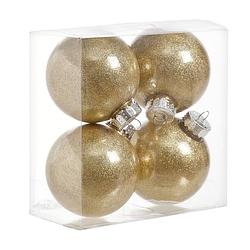 Foto van 4x stuks kunststof kerstballen met glitter afwerking goud 8 cm - kerstbal