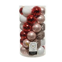 Foto van 37x stuks kunststof kerstballen lichtroze(blush)/rood/wit 6 cm mat/glans/glitter - kerstbal