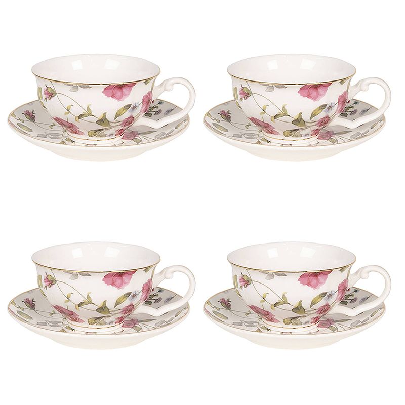 Foto van Haes deco - mokken set van 4 - 12x9x5 cm / ø 13x2 cm / 125 ml - met bloemen - mok