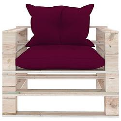 Foto van The living store pallet armstoel - tuinmeubel - 80 x 67.5 x 62 cm - hout - wijnrood kussen