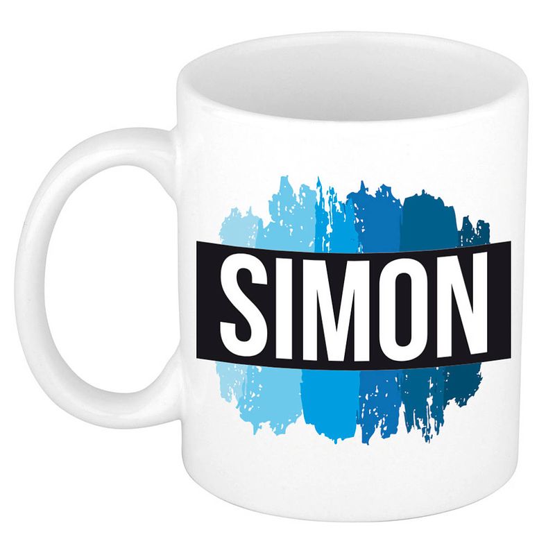 Foto van Naam cadeau mok / beker simon met blauwe verfstrepen 300 ml - naam mokken