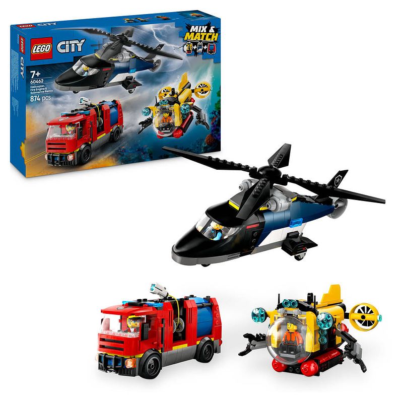 Foto van Lego city helikopter, brandweerauto en onderzeeër remix 60462