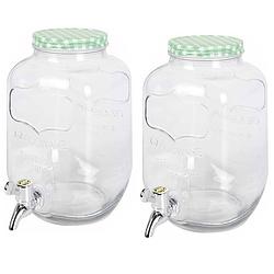 Foto van 2x stuks glazen drankdispensers/limonadetap met groen/wit geblokte dop 4 liter - drankdispensers