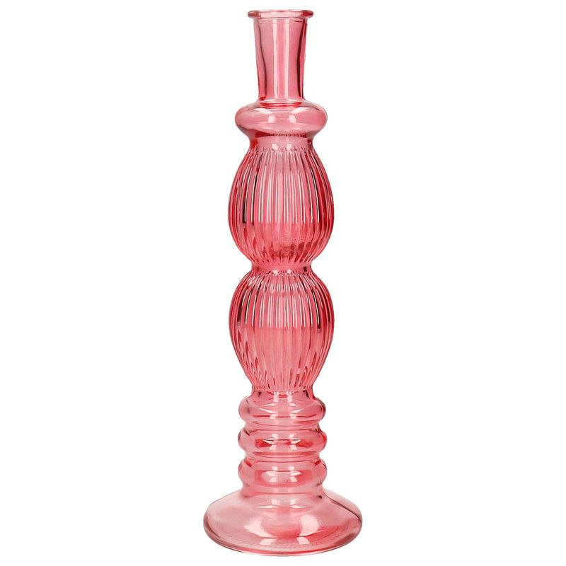 Foto van Ideas 4 seasons bloemenvaas florence - koraal rood glas - ribbel - d9 x h28 cm - vazen