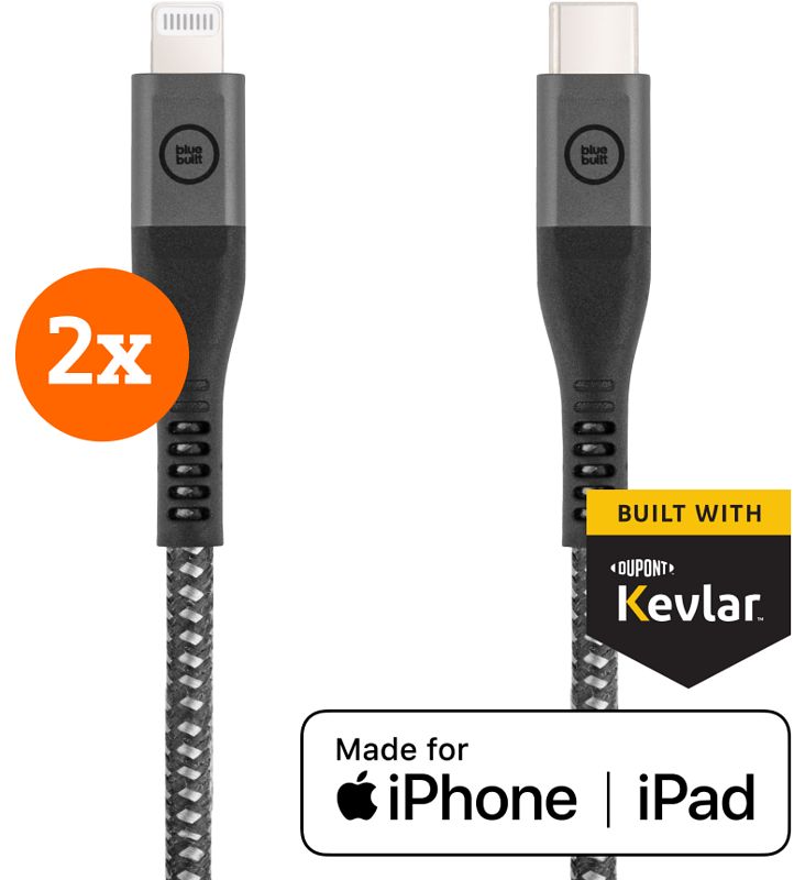 Foto van Bluebuilt usb c naar lightning kabel 1,5m kevlar zwart duo pack