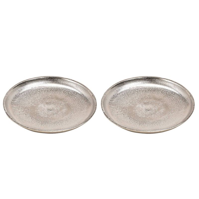 Foto van 2x decoratieve aluminium rond dienbladen zilver 20 cm - kaarsenplateaus