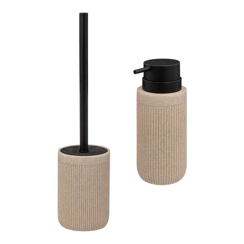 Foto van Badkamer/toilet accessoires set onyx - wc-borstel in houder en zeeppompje - beige/zwart - 350 ml - badkameraccessoireset