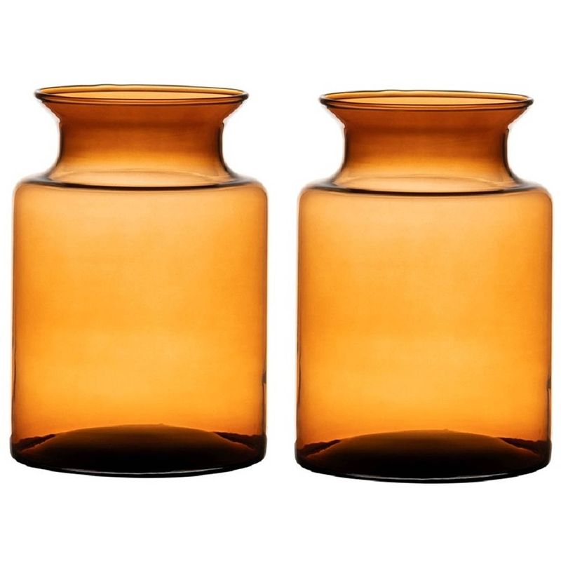 Foto van Set van 2x stuks oranje/transparante melkbus vaas/vazen van glas 20 cm - vazen