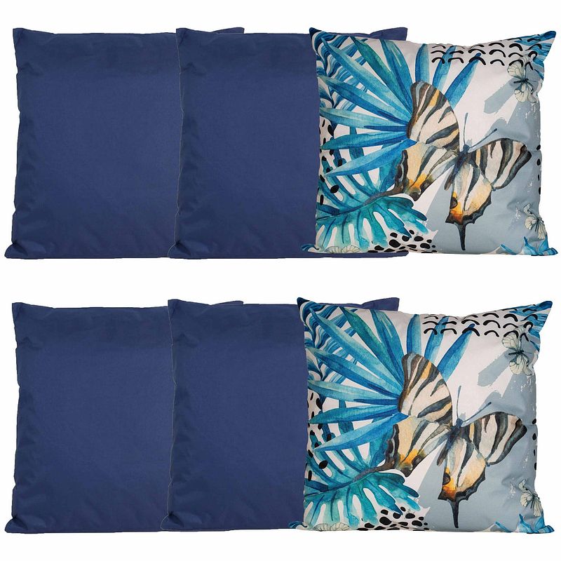 Foto van Bank/tuin kussens set - voor binnen/buiten - 6x stuks - donkerblauw/tropical print - 45 x 45 cm - sierkussens