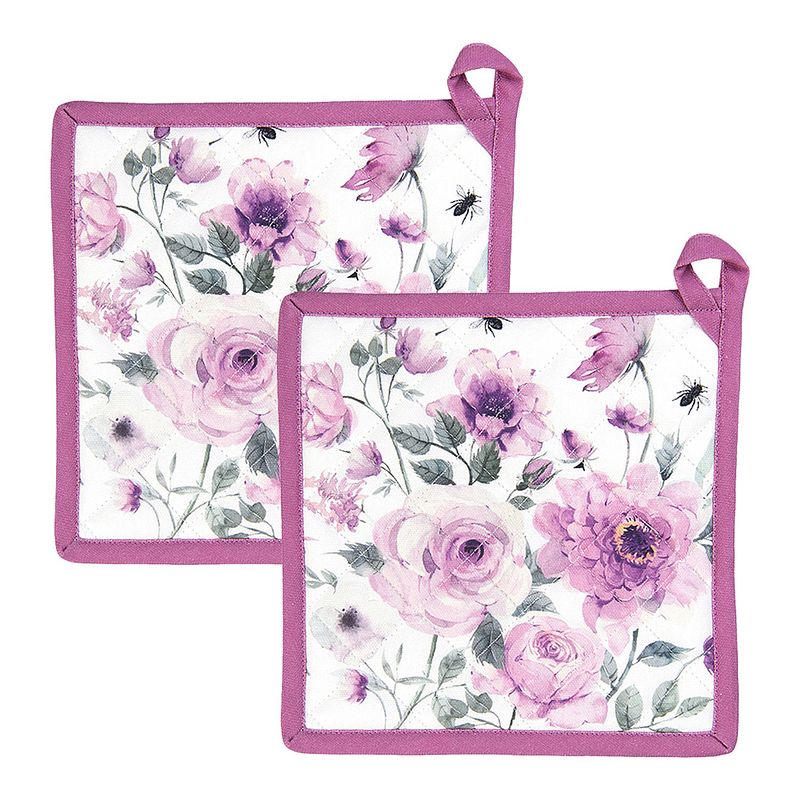 Foto van Haes deco - set van 2 pannenlappen - 20x20 cm - 100% katoen - roses and butterflies