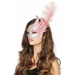 Foto van Venetiaans oogmasker roze/zilver met veer - verkleedmaskers