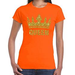 Foto van Oranje koningsdag queen shirt met gouden glitter kroon dames - oranje koningsdag kleding 2xl