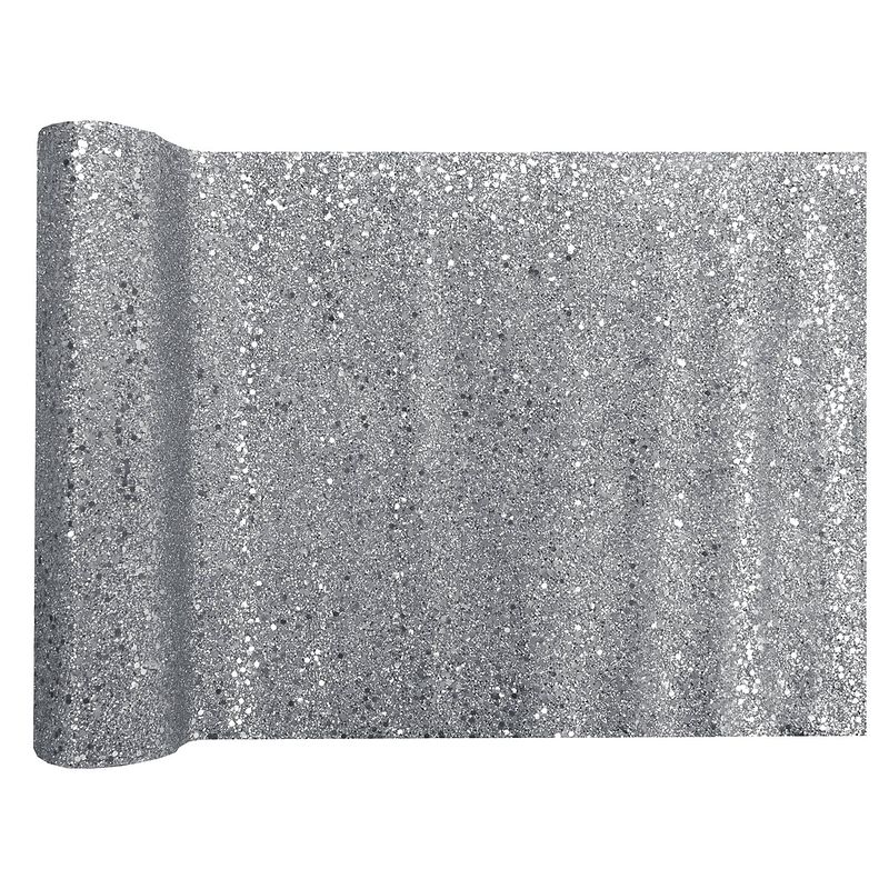 Foto van Tafelloper op rol - zilver glitter - 28 x 300 cm - polyester - feesttafelkleden