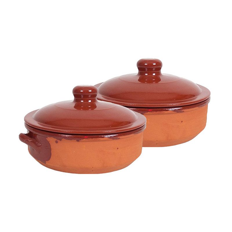Foto van 2x terracotta braadpannen/ovenschalen klein met deksel 24 cm - braadpannen