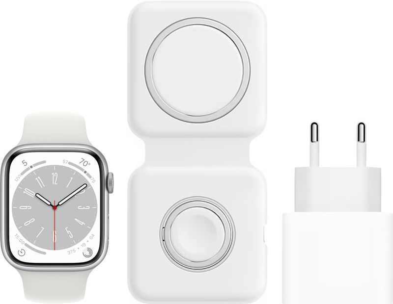 Foto van Apple watch series 8 45mm zilver aluminium witte sportband + magsafe oplaadpakket