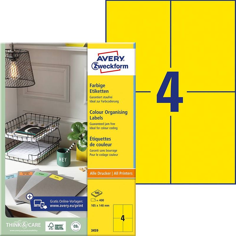 Foto van Etiket avery ilk 105x148mm 100 vel 4 etiketten per vel geel