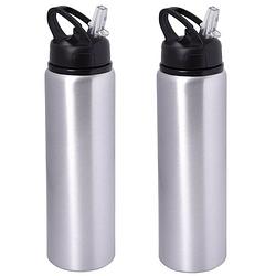 Foto van Waterfles/sportfles/drinkfles sporty - 2x - zilver - aluminium/kunststof - 800 ml - drinkflessen