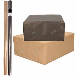 Foto van 4x rollen kraft inpakpapier/kaftpapier pakket bruin/zwart 200 x 70 cm - cadeaupapier