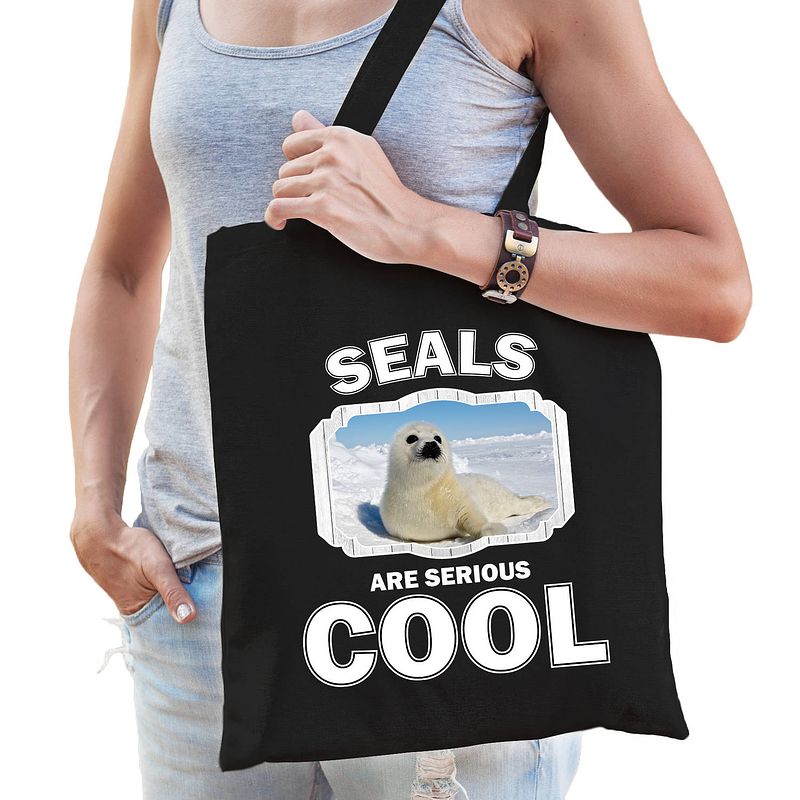 Foto van Katoenen tasje seals are serious cool zwart - zeehonden/ witte zeehond cadeau tas - feest boodschappentassen