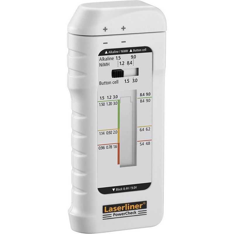 Foto van Laserliner batterijtester powercheck meetbereik (batterijtester) 1.2 v, 1.5 v, 3 v, 9 v accu, batterij 083.006a