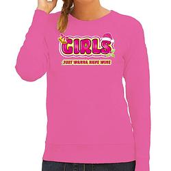 Foto van Bellatio decorations foute kersttrui/sweater voor dames - girls just wanna have wine - roze xl - kerst truien