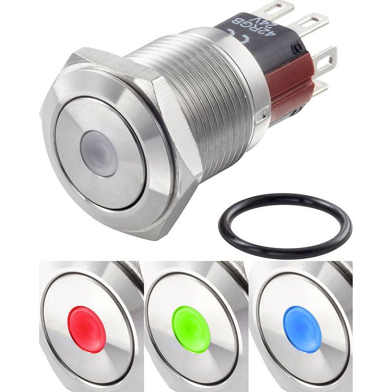 Foto van Tru components tc-gq16-kf-11d/j/41rgb/12v/s vandalismebestendige drukschakelaar 48 v/dc 2 a 1x uit/(aan) moment rood, groen, blauw, rgb ip65 1 stuk(s)