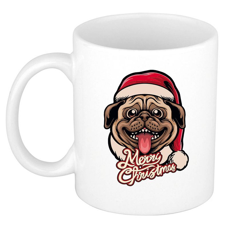 Foto van Merry christmas hond kerstmok / kerstbeker wit 300 ml - bekers