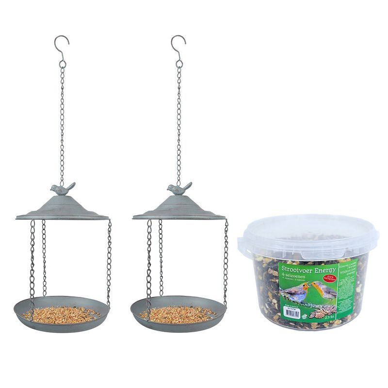 Foto van 2x stuks metalen vogelbaden/voederschalen hangend 30 cm met 4-seizoenen vogel strooivoer 2,5 kg - vogelvoederhuisjes