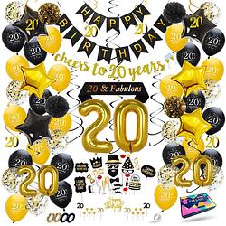 Foto van Fissaly® 20 jaar verjaardag decoratie versiering - ballonnen - jubileum man & vrouw - zwart en goud