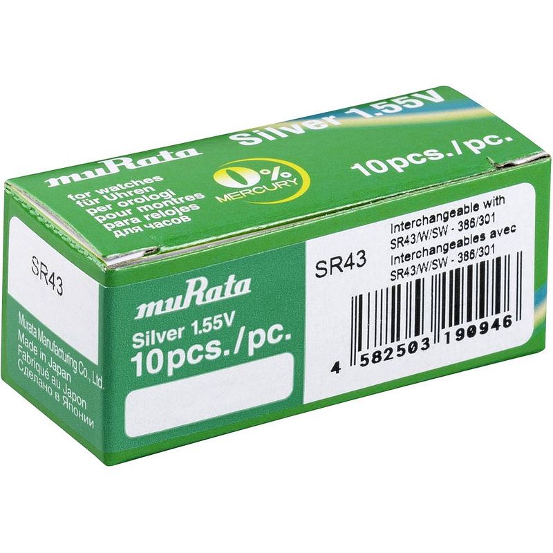 Foto van 301 knoopcel zilveroxide 1.55 v 110 mah murata sr43-pbww 10 stuk(s)